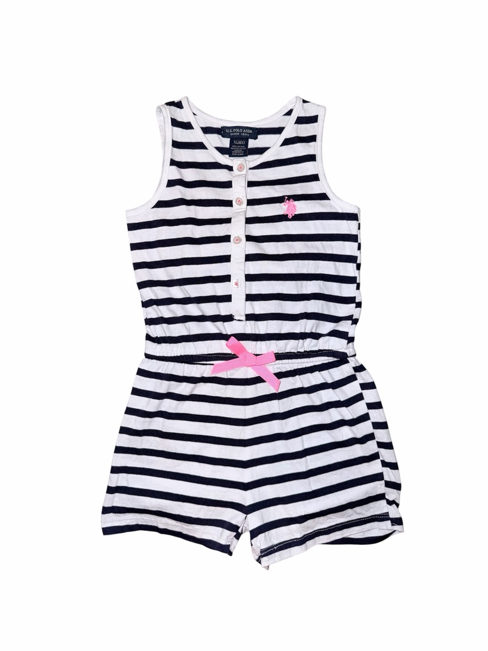 U.S. Polo Assn Girls Navy White Striped Romper Pink Accents Size 6X